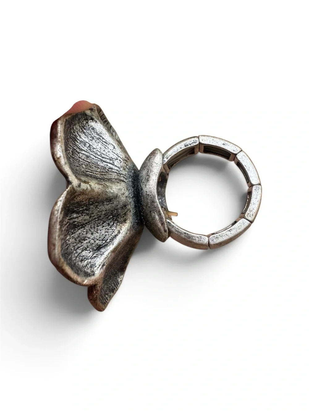 Vintage-Inspired Silver Tone Oversized Rose Flower Statement Ring Boho Artisan